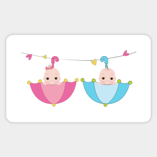 Twin baby boy and girl with umbrella Sticker